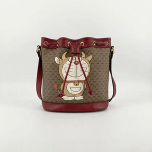 Gucci Doraemon Ox GG Supreme Canvas Leather Bucket Crossbody Bag Tan Red